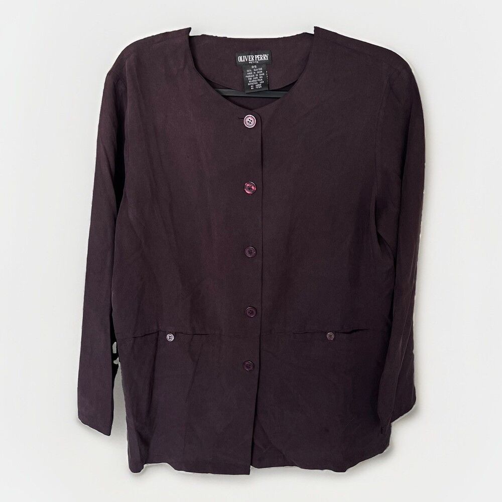 Vintage Oliver Perry collarless button-down blouse women's small classy silk